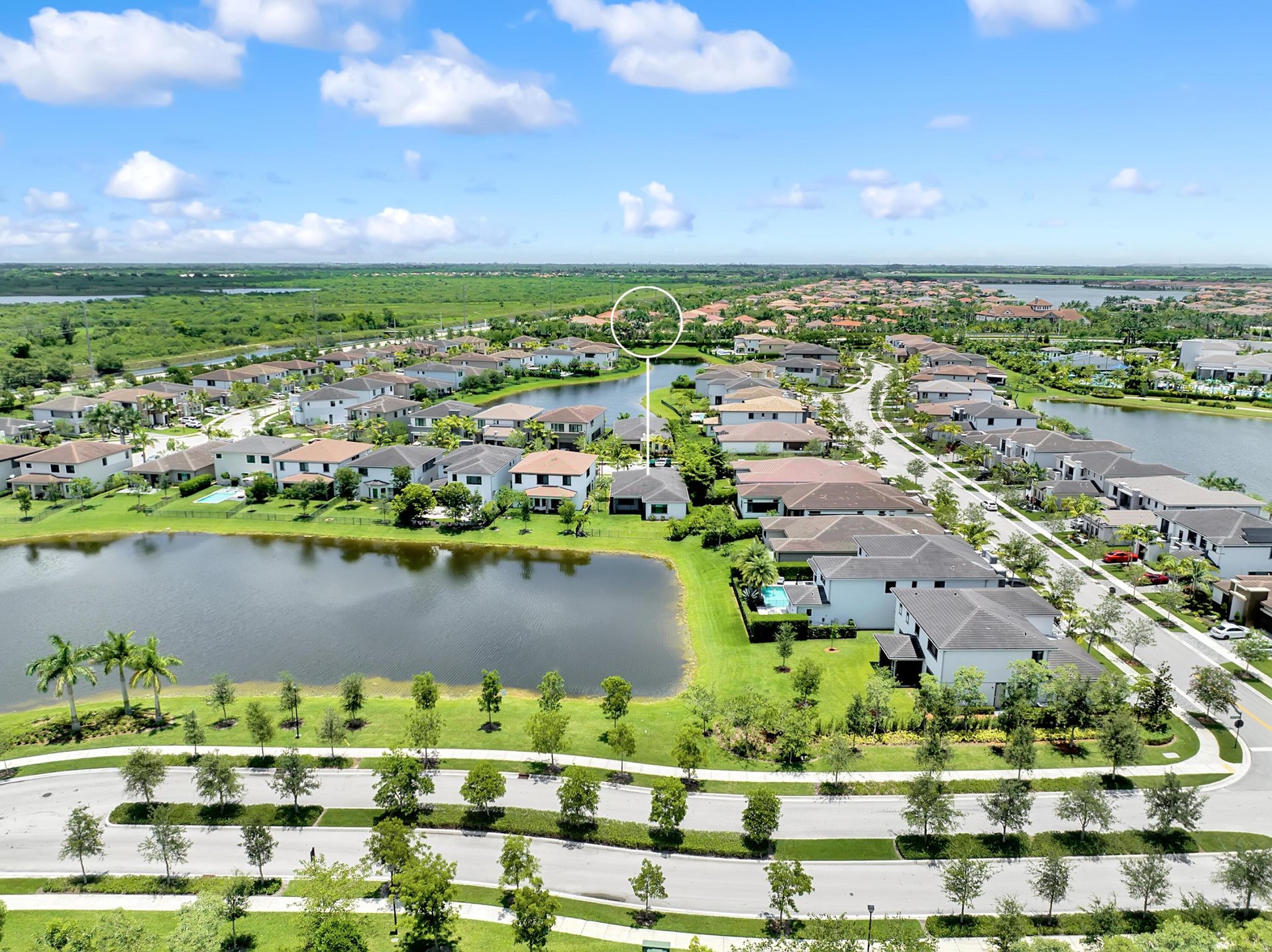 Aerial view of homes beside a lake, with one house marked by a white circle and pointer.