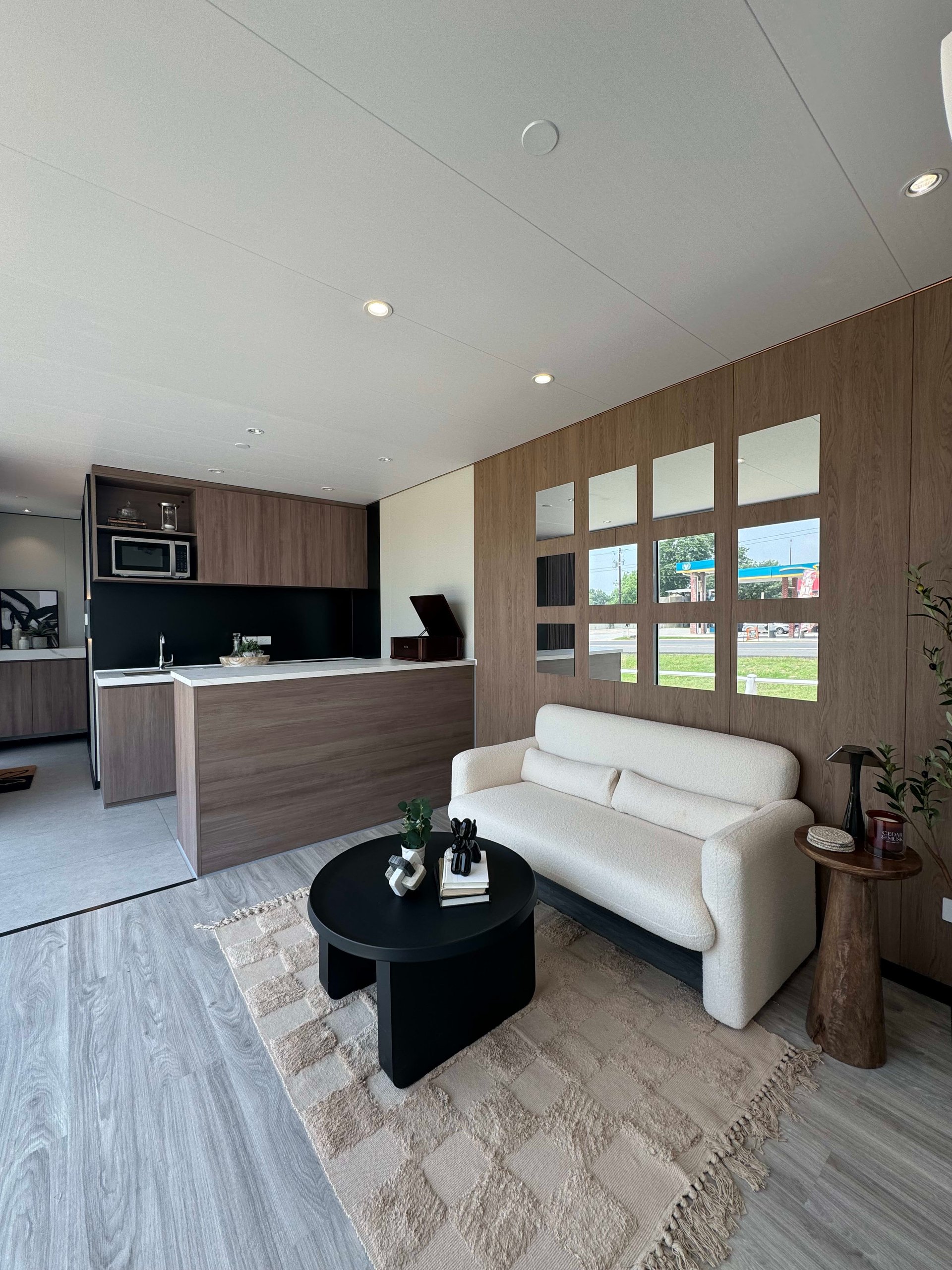 Contemporary living room with a white sofa, black coffee table, and compact kitchen peninsula.
