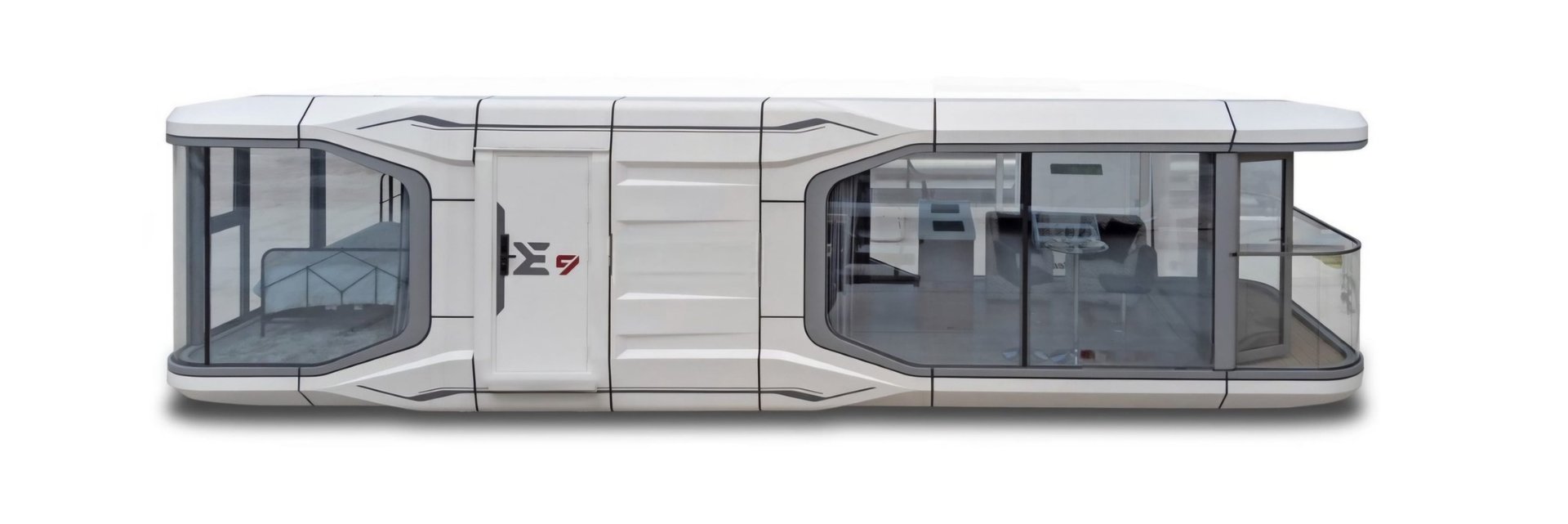 Futuristic white tiny home pod with large windows and a central entry door.