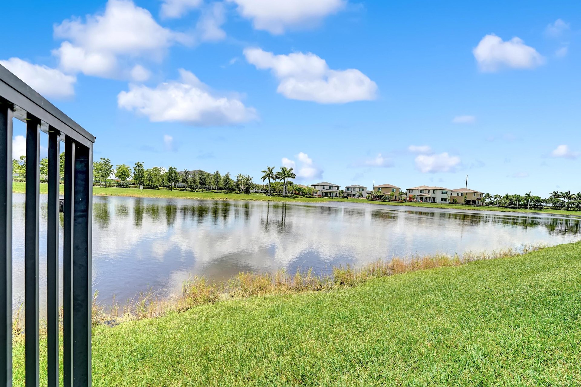 Lake and grassy bank viewed from a waterfront property, with homes and palm trees across the water.
