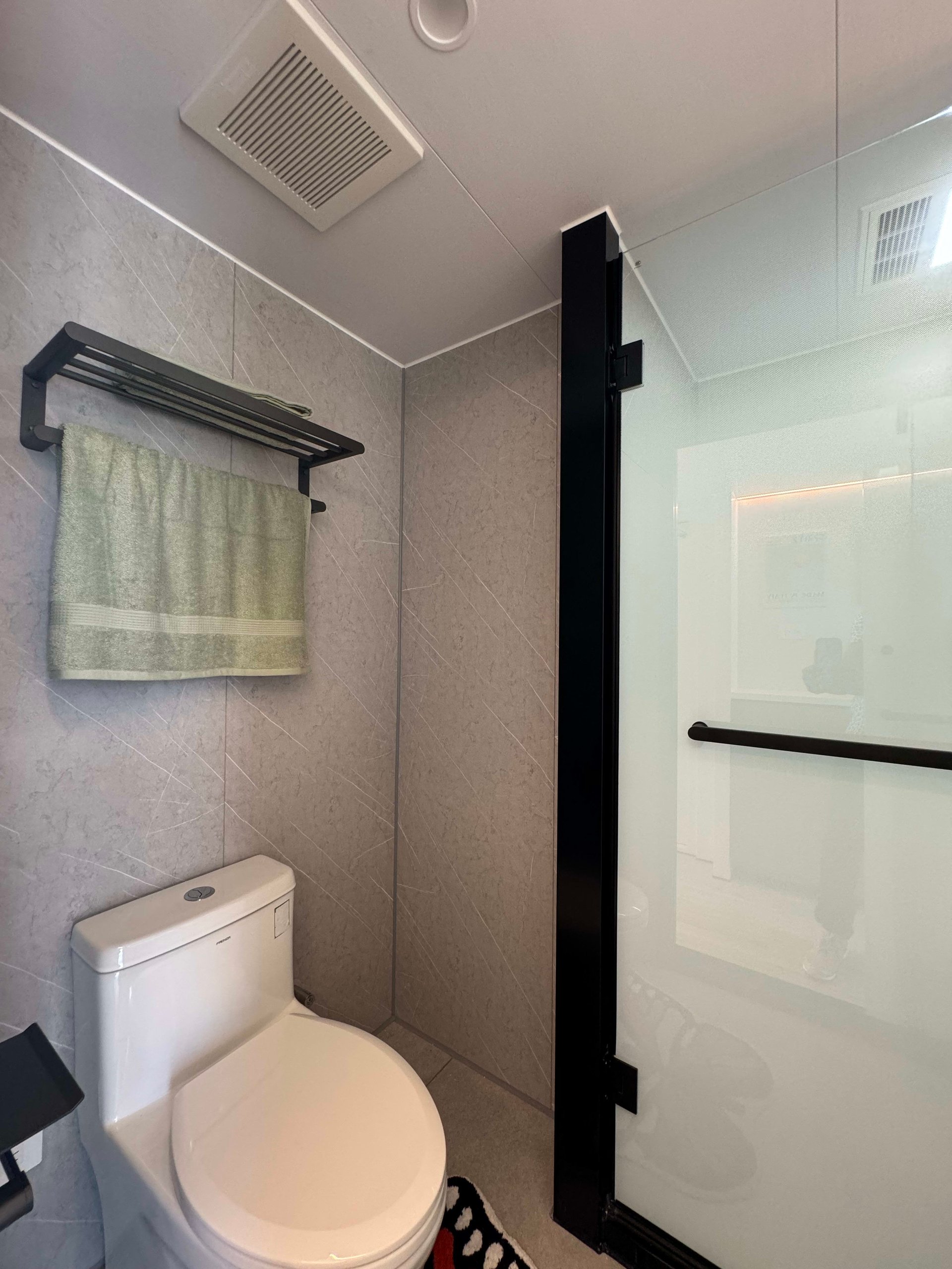 Compact tiled bathroom with a glass shower enclosure, black framing, and a towel rack above the toilet.