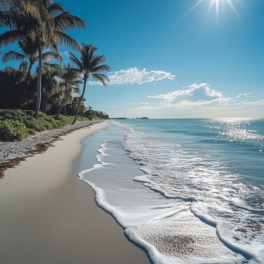 Palm trees along a sandy Gulf shoreline