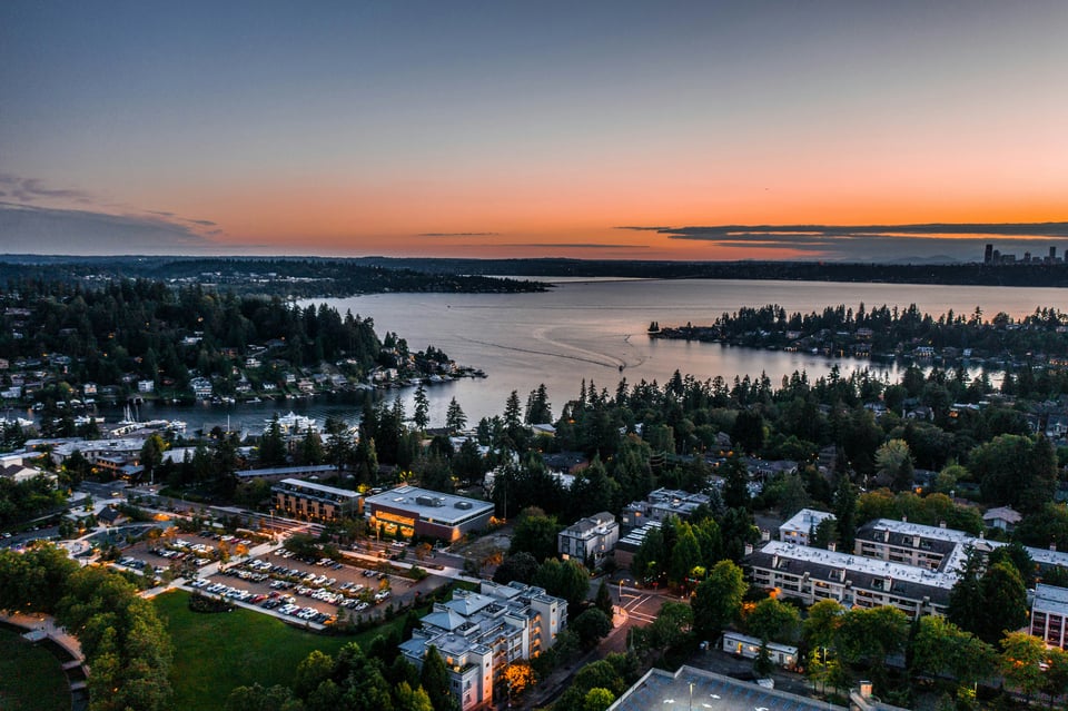 Aerial view of Bellevue, Lake Washington, and surrounding residential communities