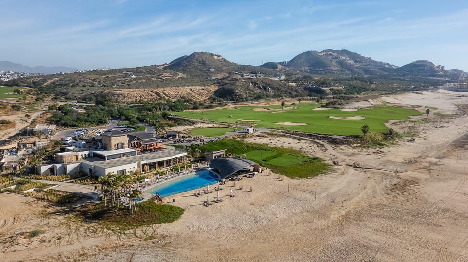 Aerial view of the Quivira beach club and golf course along the Pacific coast
