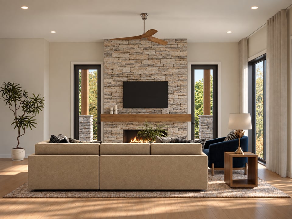 Living room with a stacked-stone fireplace, mounted television, sectional sofa and tall windows.