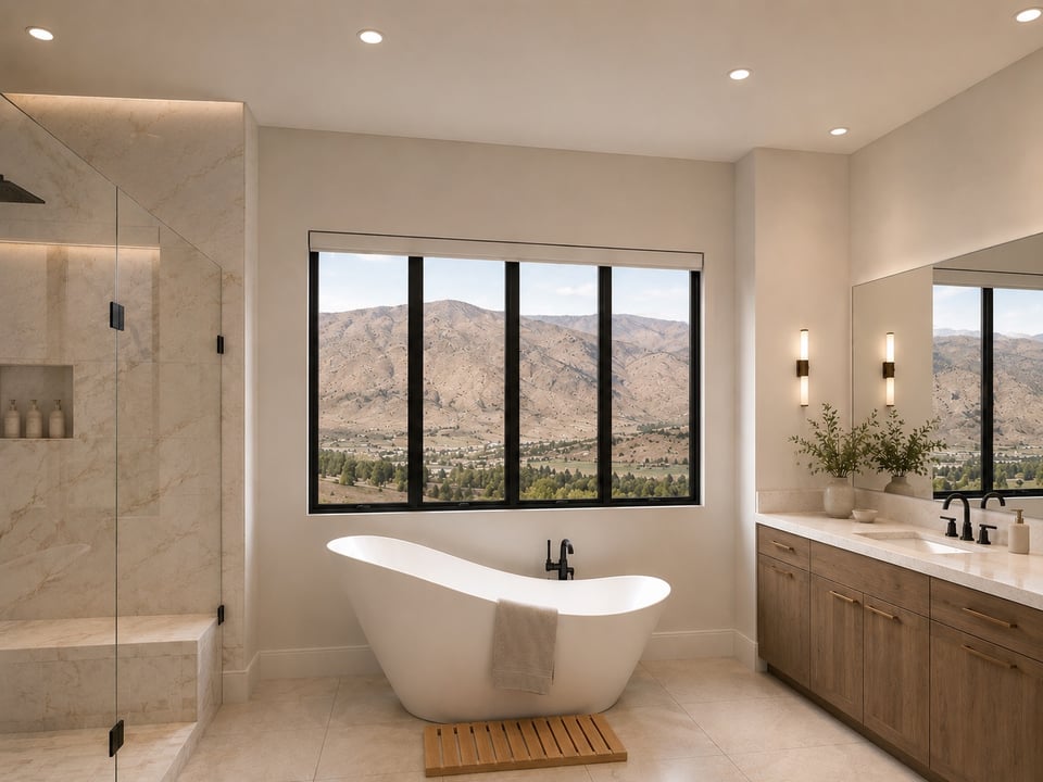 Luxury bathroom with a freestanding tub, marble shower, double vanity, and mountain views through a large window.