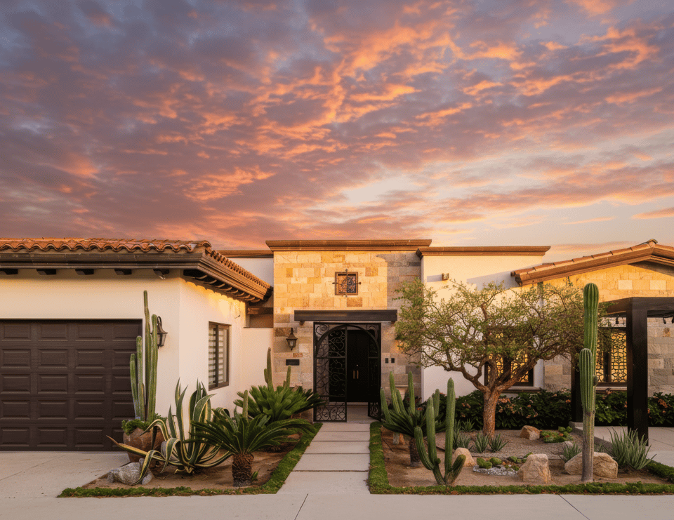 Coronado single-level home entry with desert landscaping in Quivira
