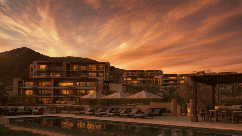 Alvar ocean-view residences and pool terrace at sunset in Quivira Los Cabos