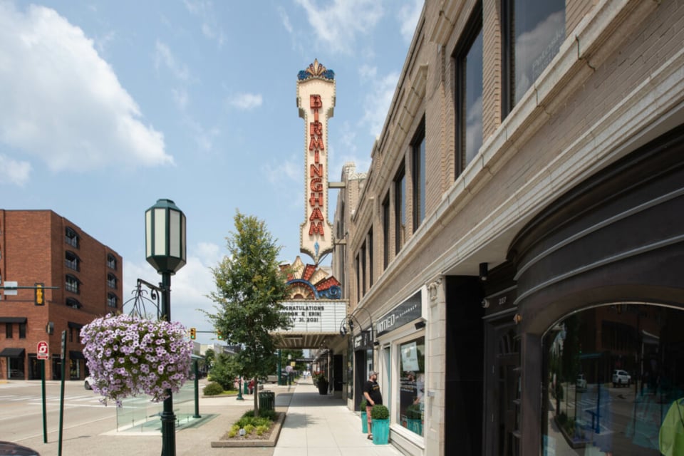 Birmingham streetscape with theater marquee