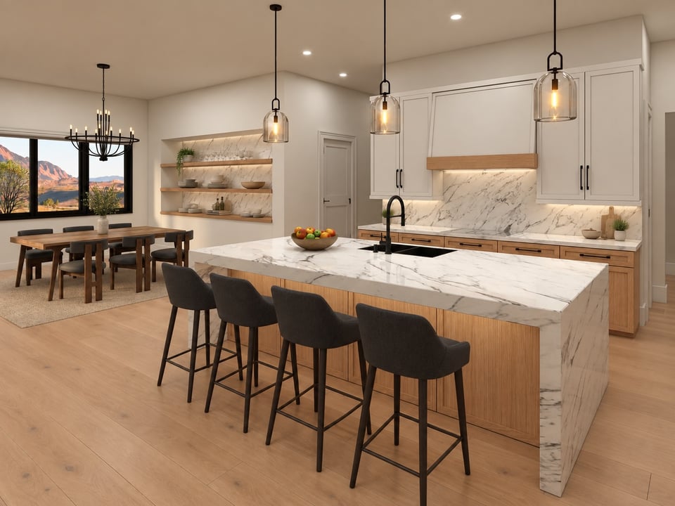 Custom kitchen with a marble waterfall island, wood cabinetry, and dining area beside mountain-view windows.