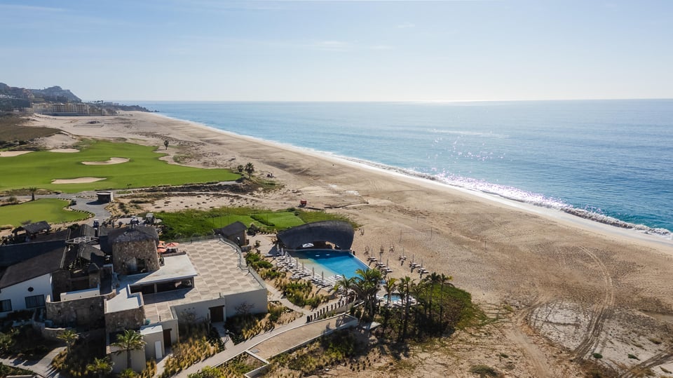 Aerial view of the Quivira private beach club and golf course on the Pacific