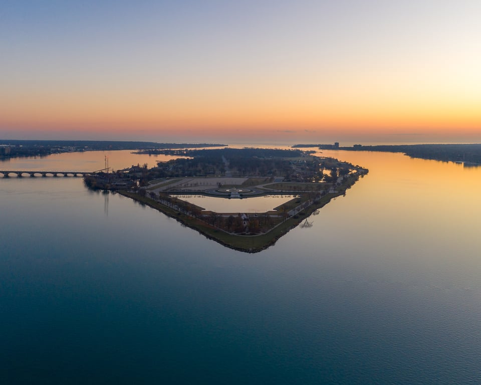 Detroit waterfront and skyline at sunrise