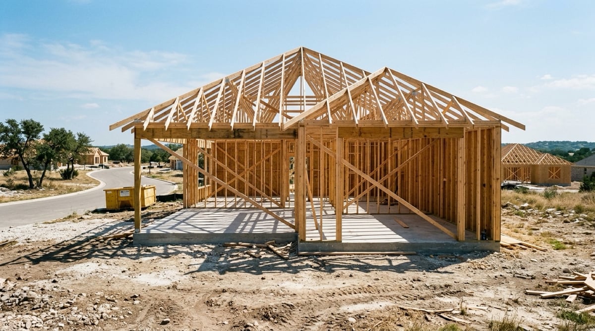 Wood framing of a new home under construction in a Central Texas subdivision under a blue sky