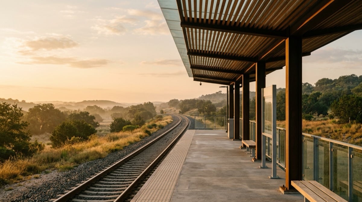An empty commuter rail platform at sunrise in the Central Texas Hill Country