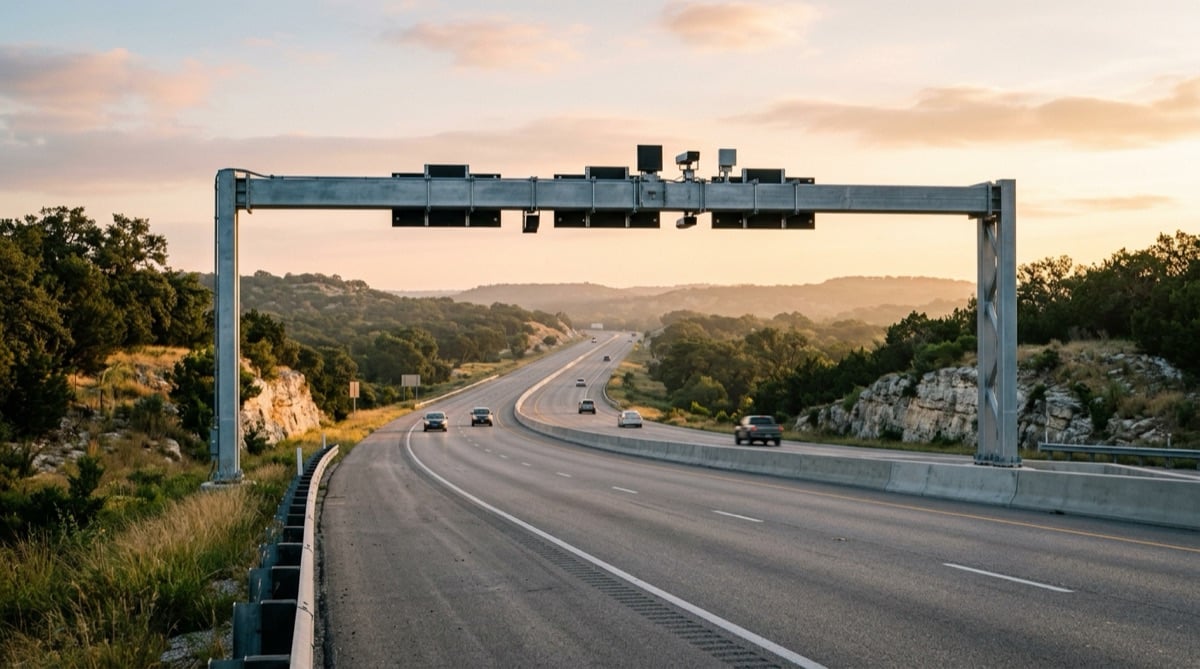 A divided highway with overhead electronic toll gantries north of Austin in early morning light