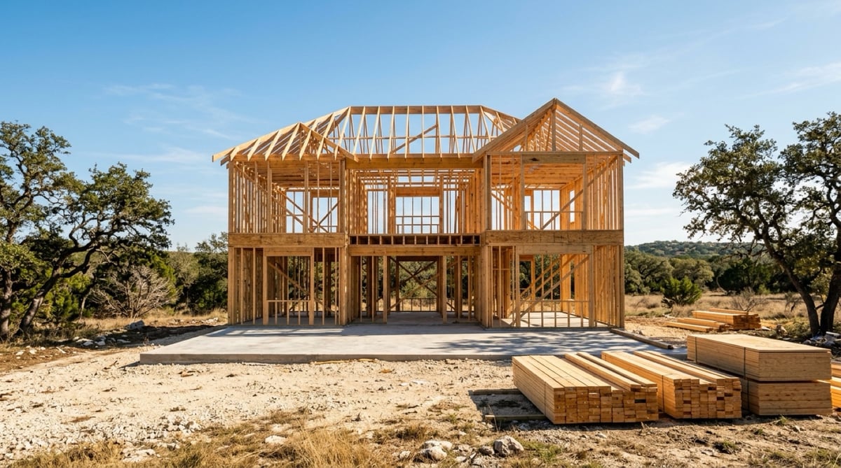 Wood framing of a new two-story house under construction in Central Texas, new construction in the suburbs near the Samsung Taylor fab