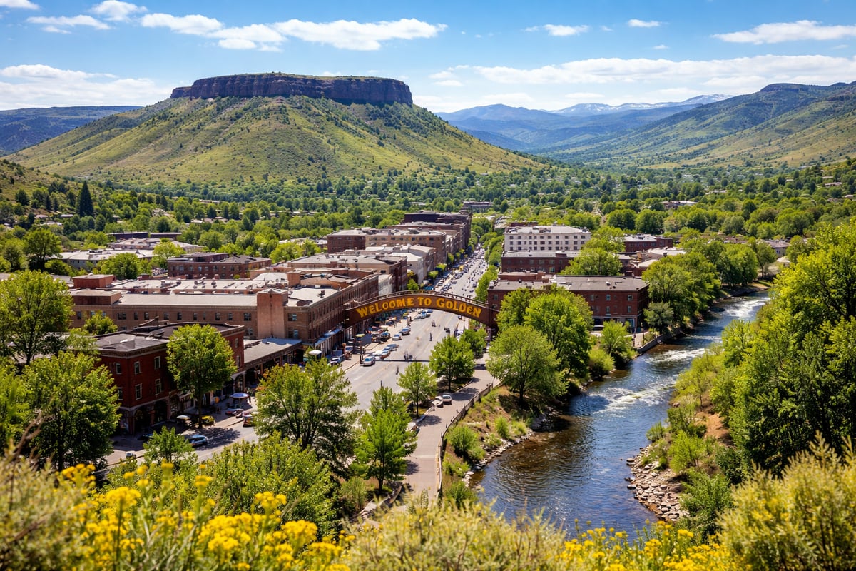 Downtown Golden along Clear Creek with a mesa in the background