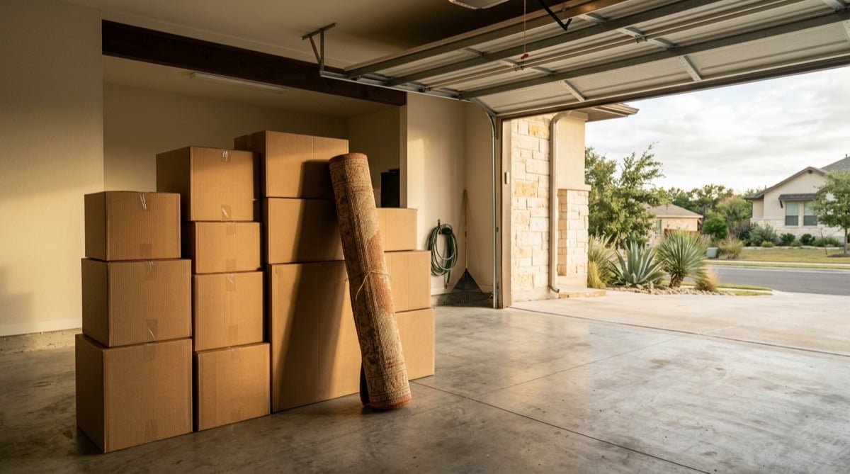 Packed moving boxes and a rolled rug in the garage of a newer Central Texas home