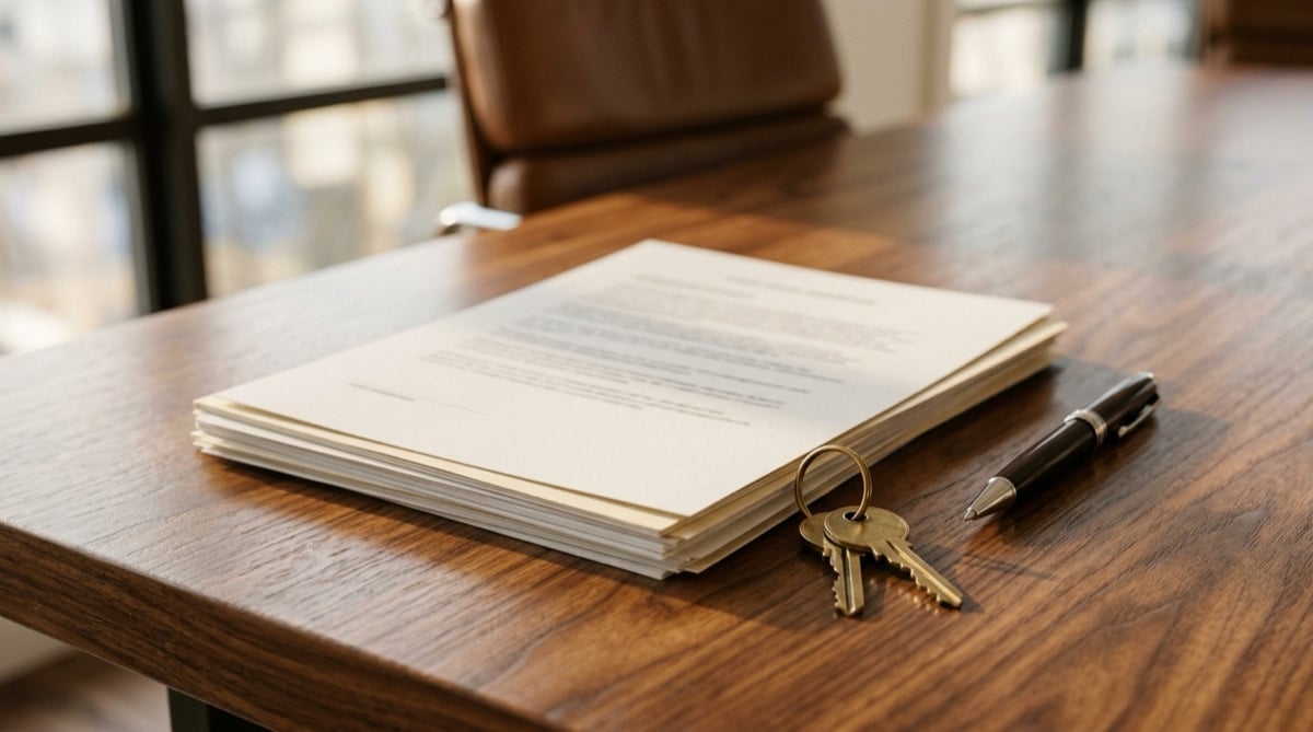 Signed documents, a pen and house keys on a title company closing table in Texas