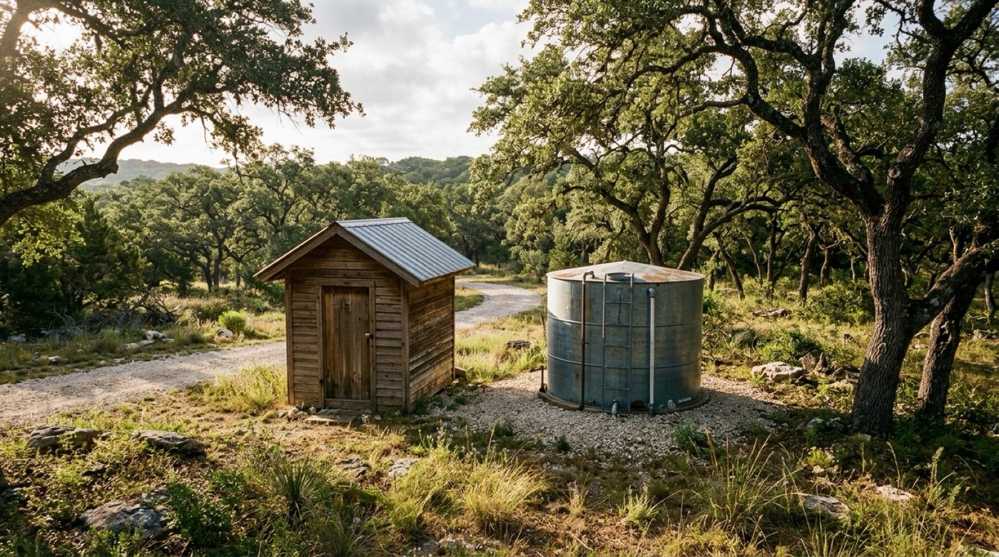 Small pump house and water storage tank beside a gravel drive on a wooded lot in Central Texas, a private water well on acreage
