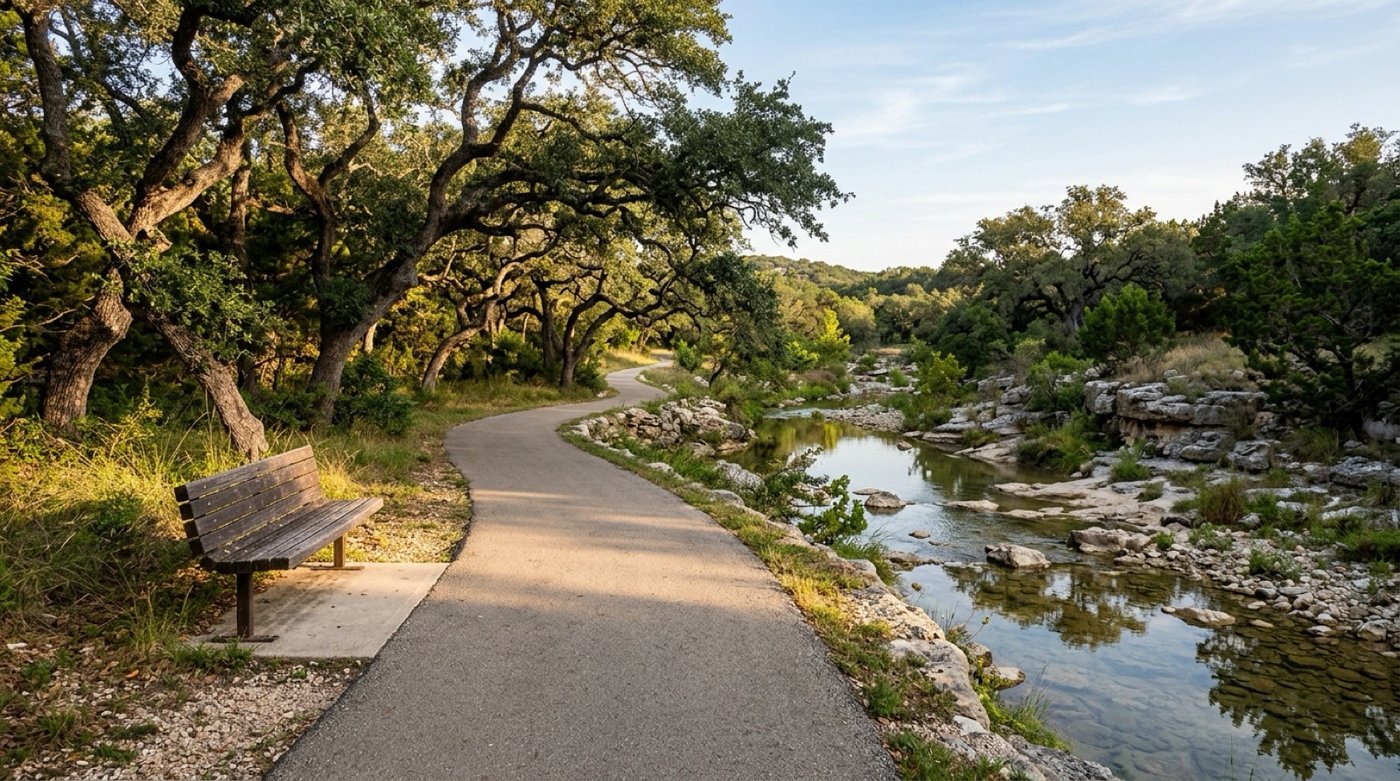 Paved walking trail and a wooden bench beside a limestone creek under live oaks in Central Texas