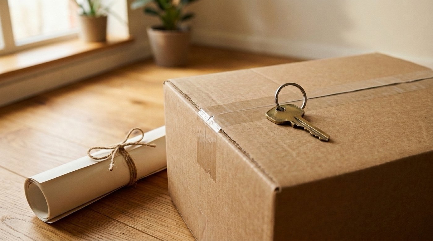 House key on a moving box next to rolled paperwork on a wood floor, buying a first home in the Austin suburbs