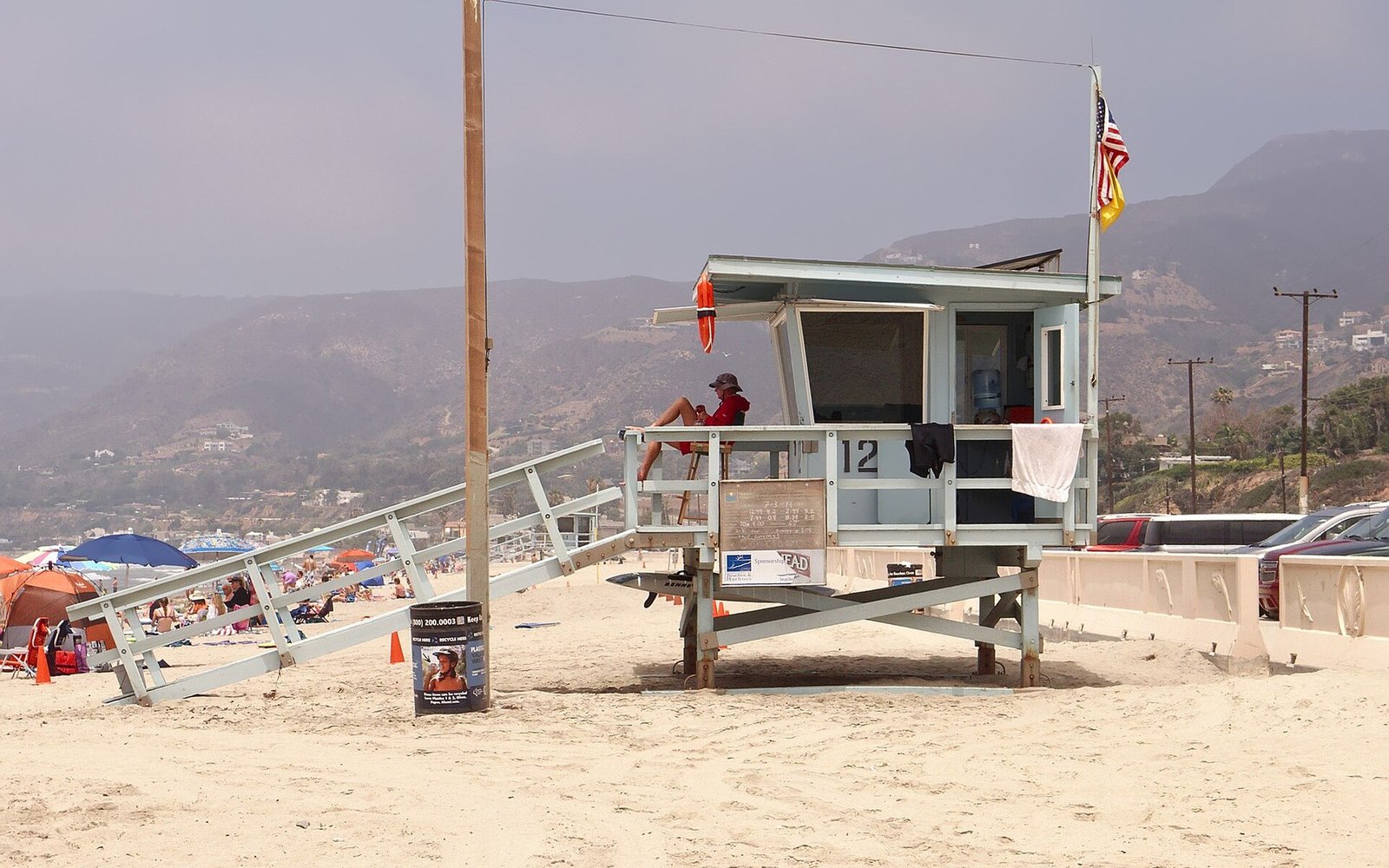 Lifeguard tower 12 and beachgoers at Zuma Beach in July 2014