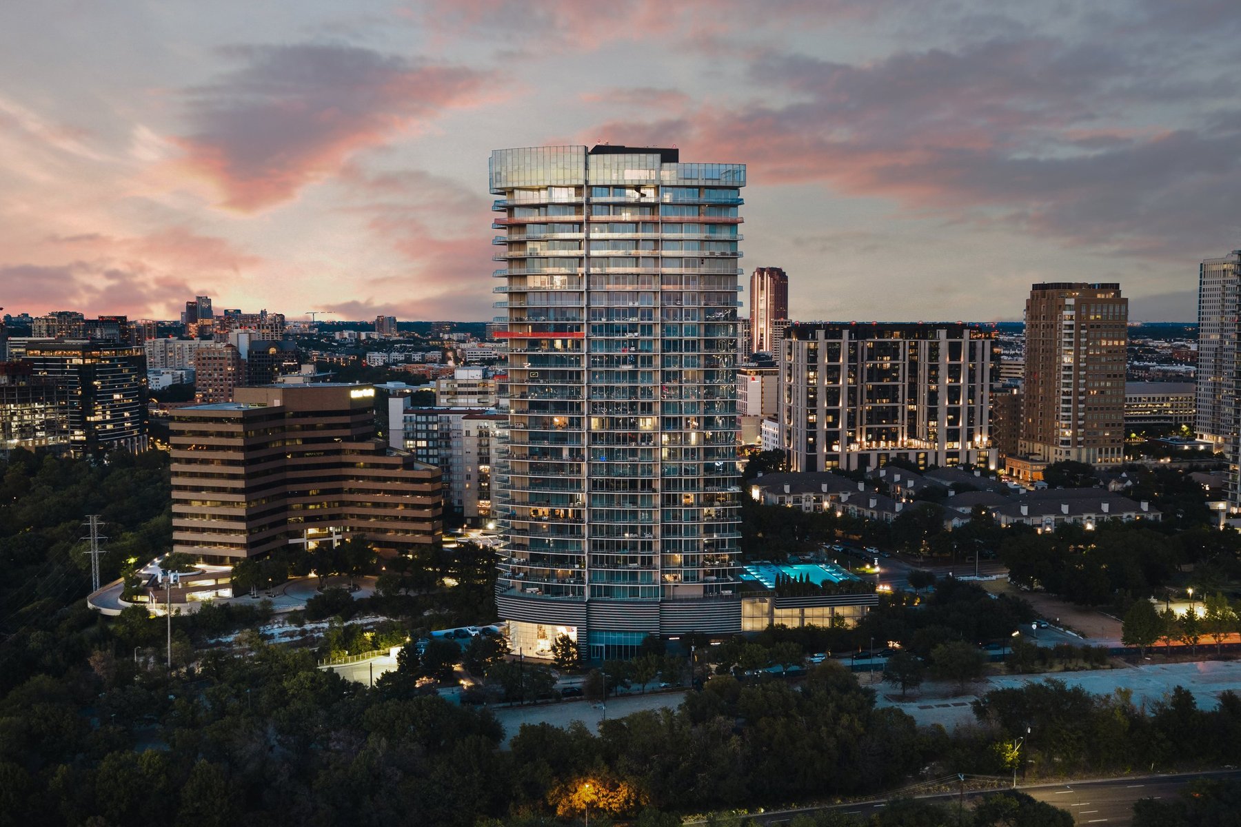 Bleu Ciel, a 33-story luxury condominium tower at 3130 N. Harwood, at dusk in Dallas