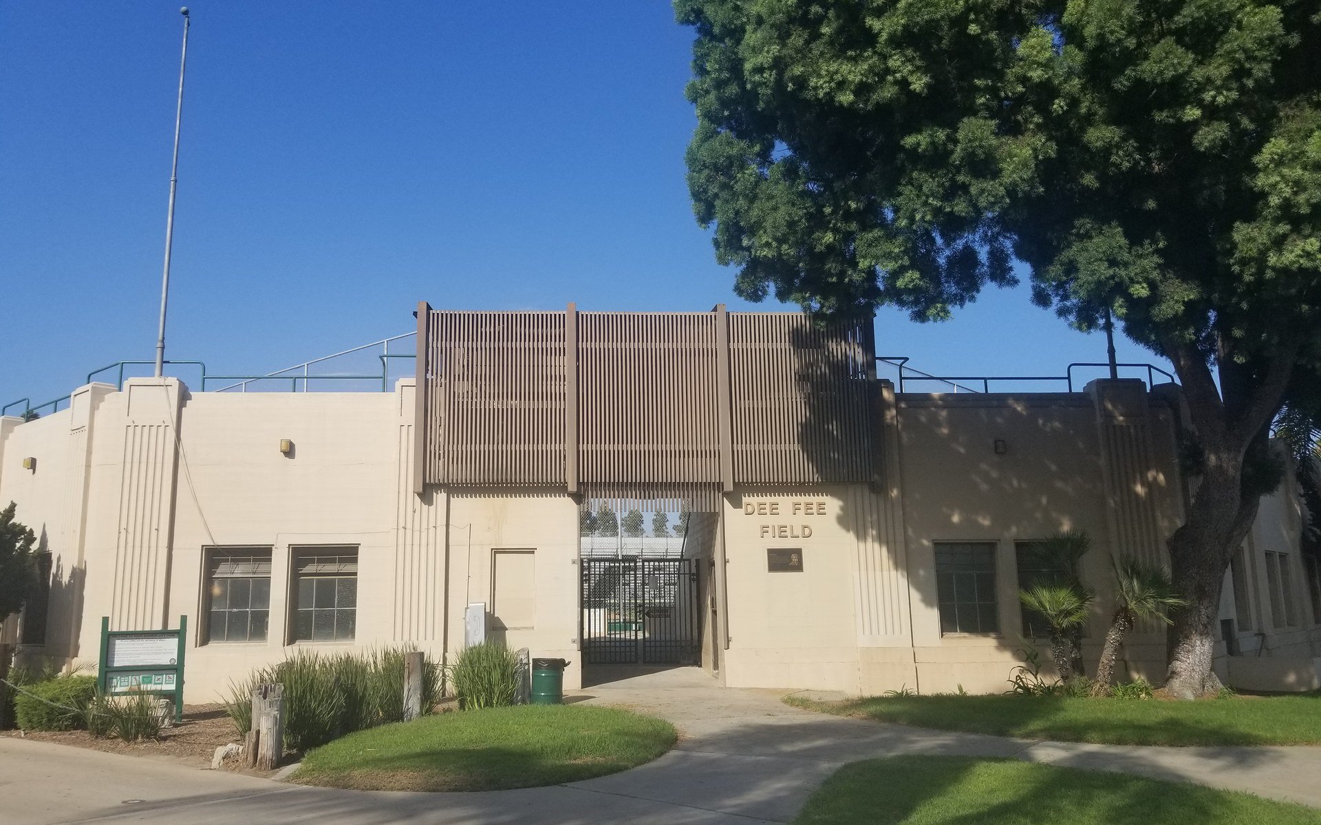 Dee Fee Field entrance and trees in Anaheim