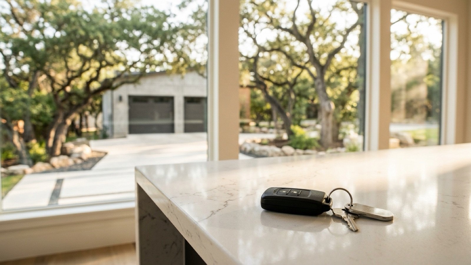 Car keys on a white kitchen island in a new Central Texas home with a driveway and live oaks through the window, a first car after a move from New York