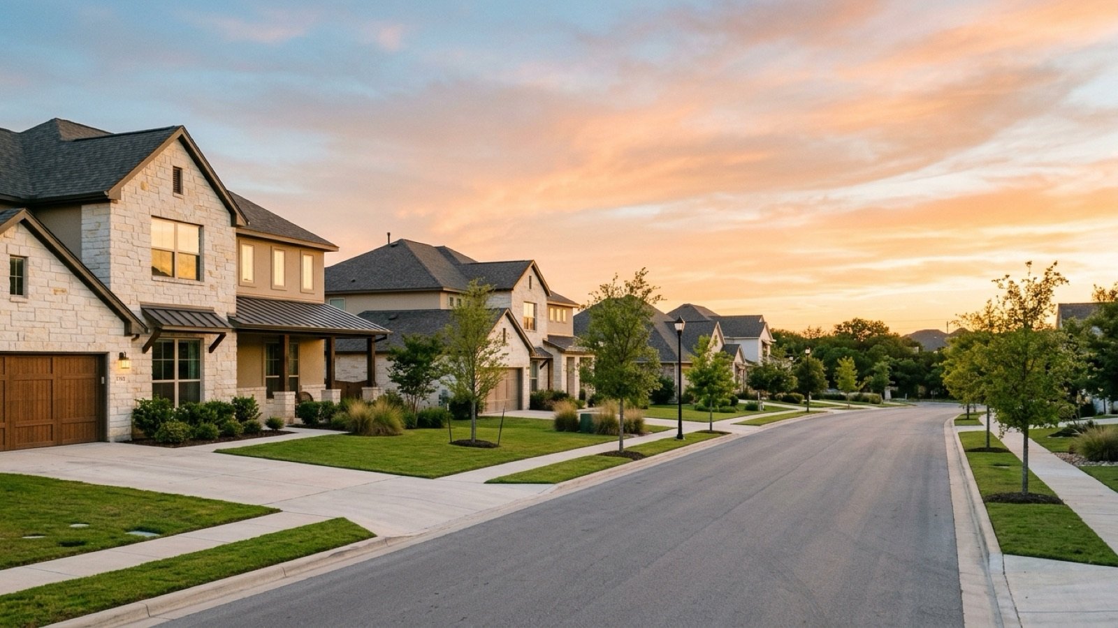 A street of newer two-story limestone and stucco homes north of Austin at sunset, with wide driveways and young live oaks