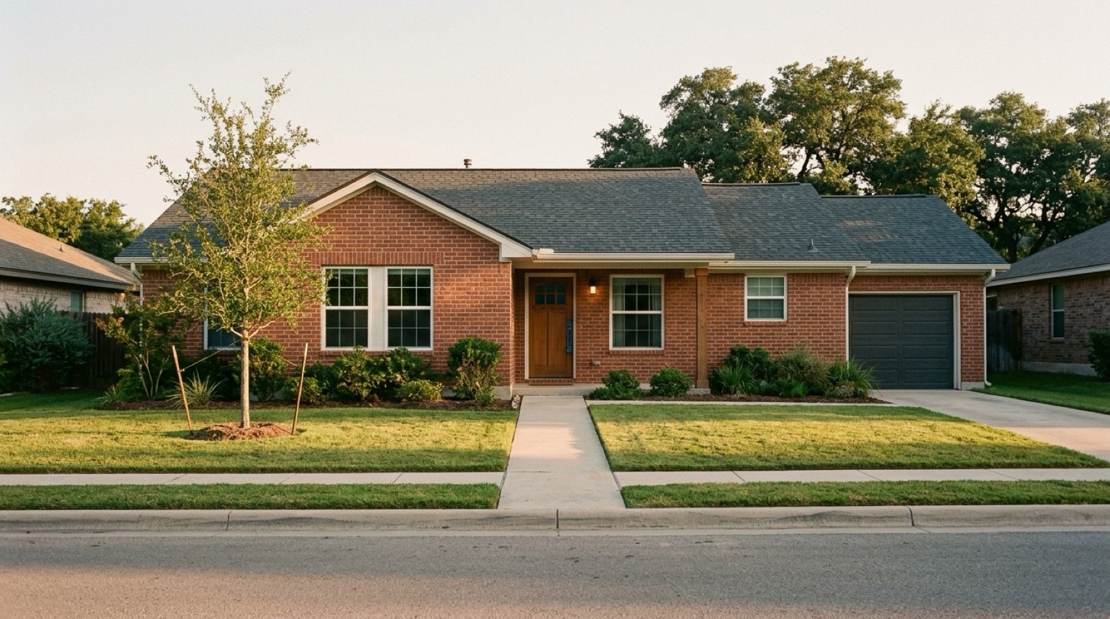 Modest one-story brick home with a small front lawn and a young tree on a suburban street in Central Texas, a first home in the Austin suburbs