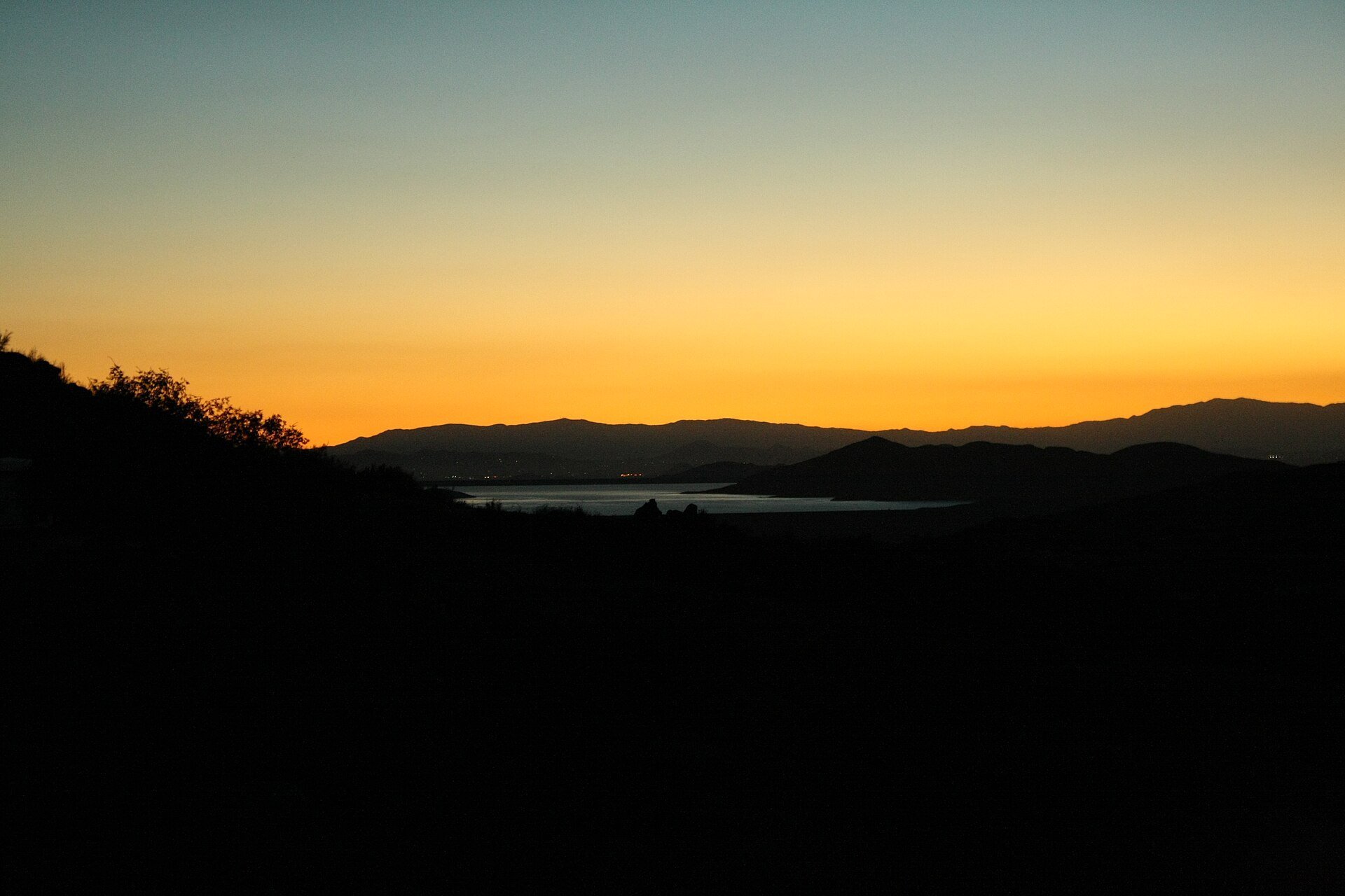 Diamond Valley Lake at sunset, viewed from the Hemet hills