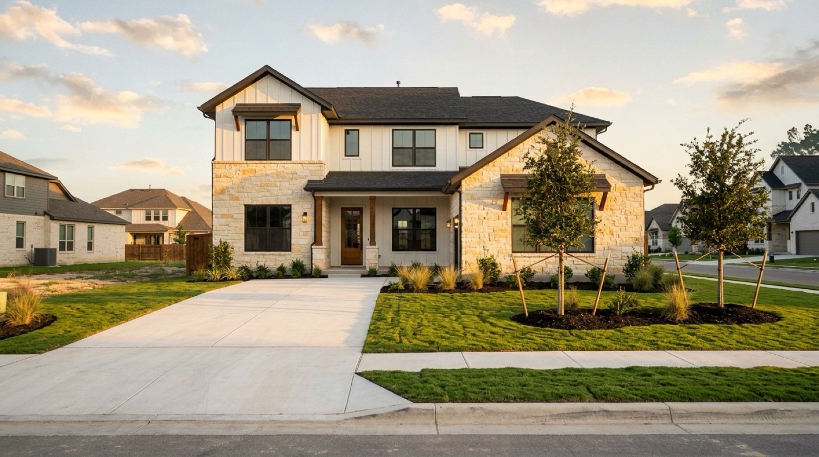 Newly built two-story home with fresh sod and young trees in a Central Texas master-planned community, the kind of new construction where builders offer rate buydowns