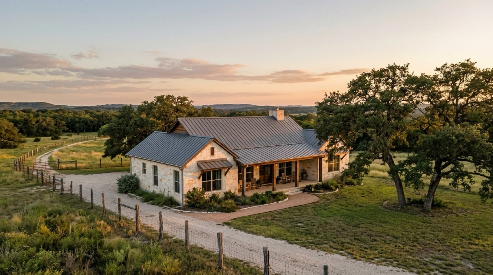 Single-story limestone home with a metal roof on a large lot with live oaks, a wire fence and open pasture north of Austin, a home on acreage