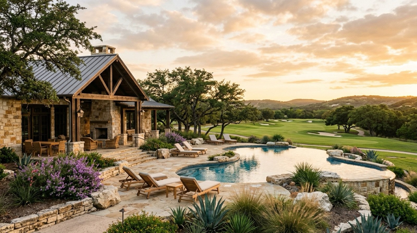 Community clubhouse with a covered porch, an outdoor pool and a golf fairway at sunset in Central Texas, illustrating an age-restricted 55+ community amenity center