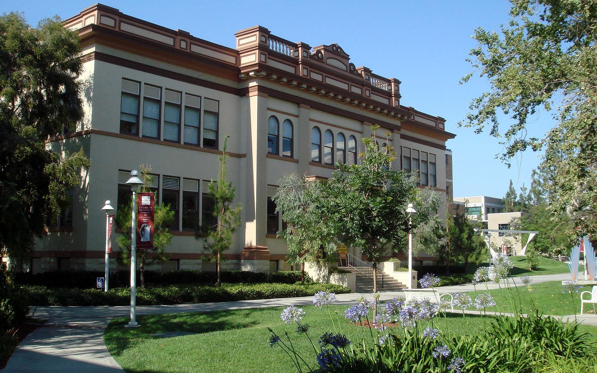 Historic campus building and lawn at Chapman University in Orange