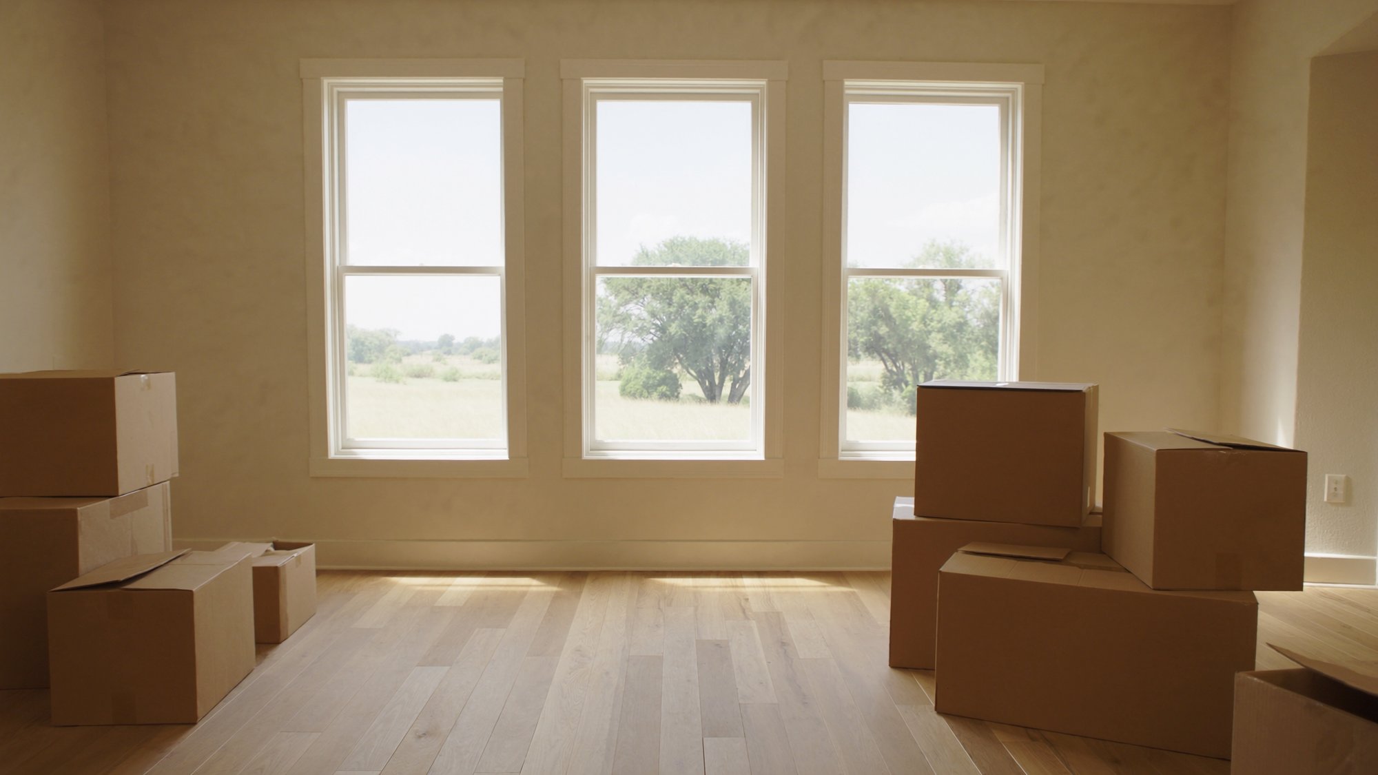 A bright, empty living room in a new Texas home with a few moving boxes stacked by tall sunlit windows