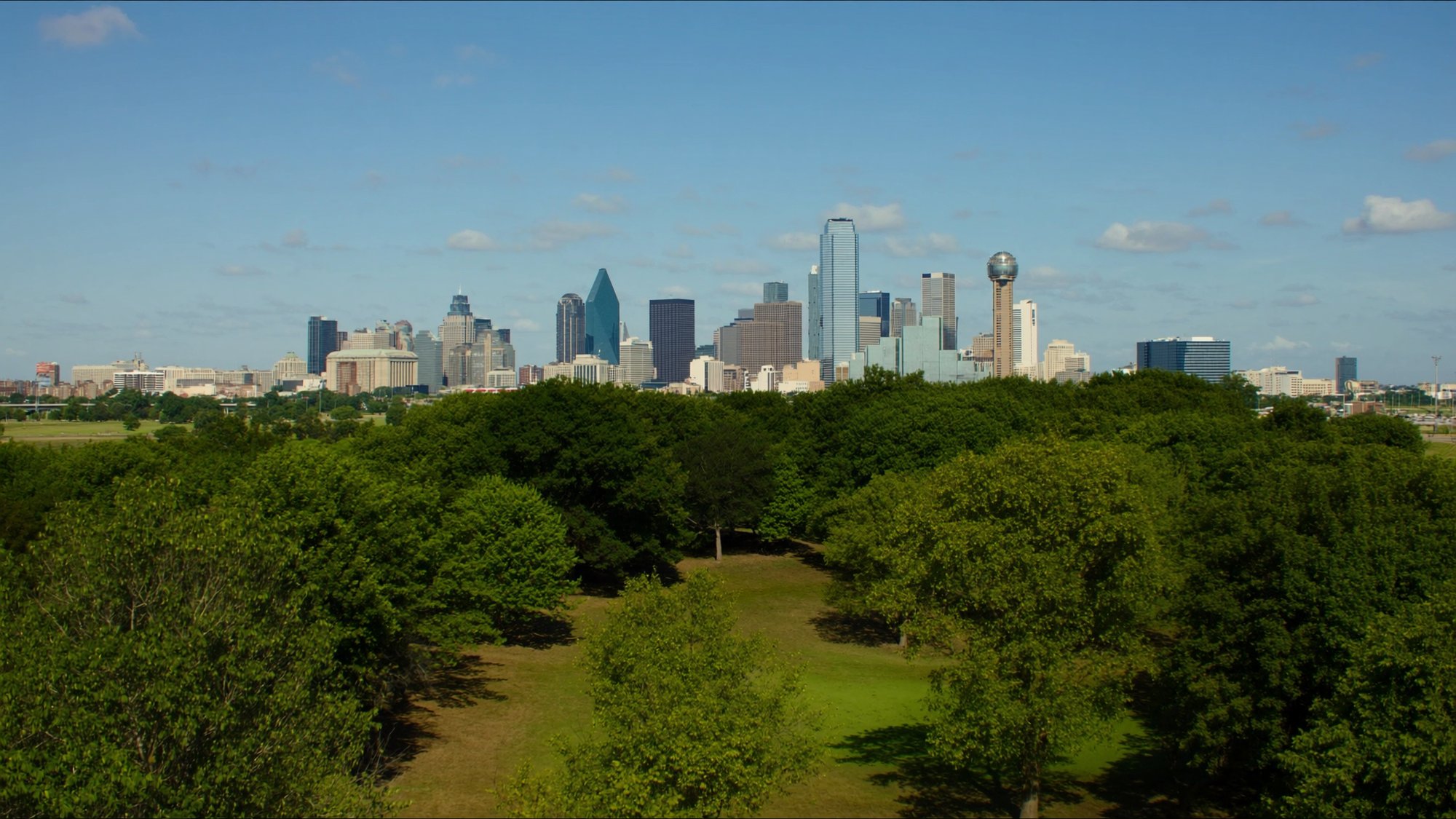 The downtown Dallas skyline on a clear afternoon, seen across a green park