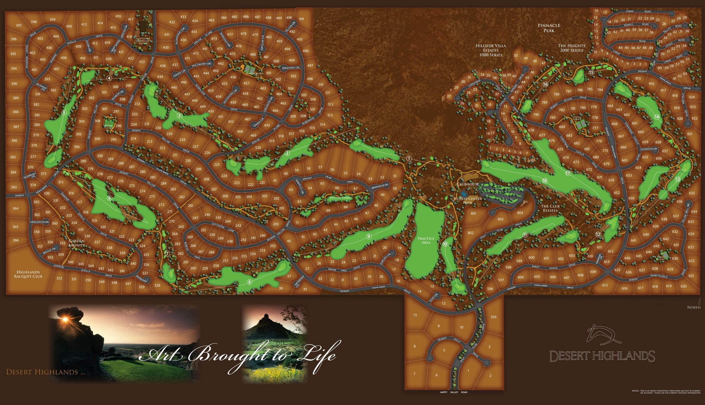 Illustrated Desert Highlands community map with lot numbers, golf holes, tennis courts and amenities