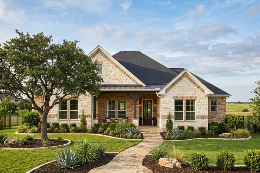 Newer single-family homes along a sidewalk in Pflugerville, Texas