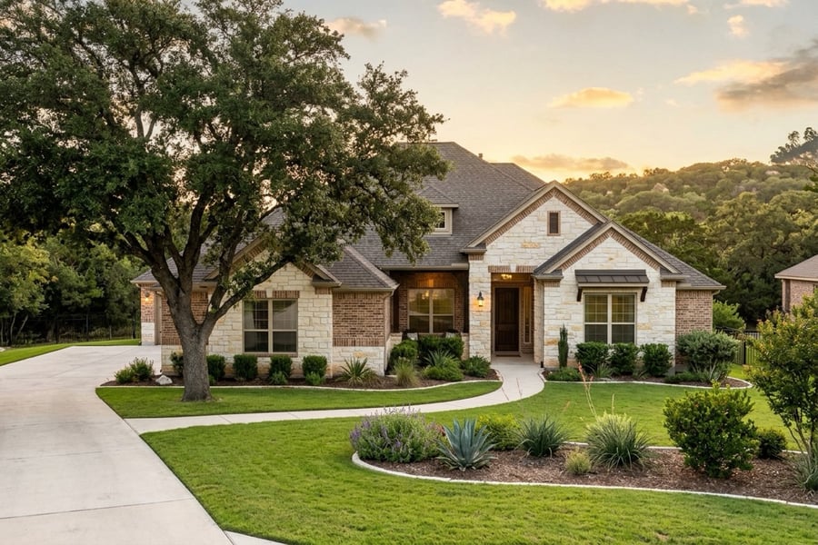 Newer two-story homes on a curving street in Leander, Texas