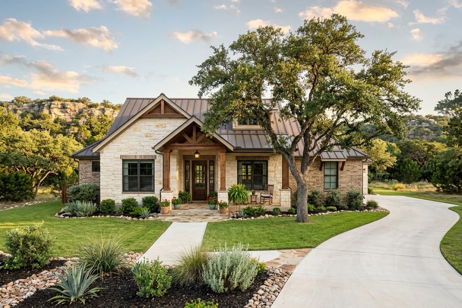 Limestone ranch-style homes and live oaks in Georgetown, Texas