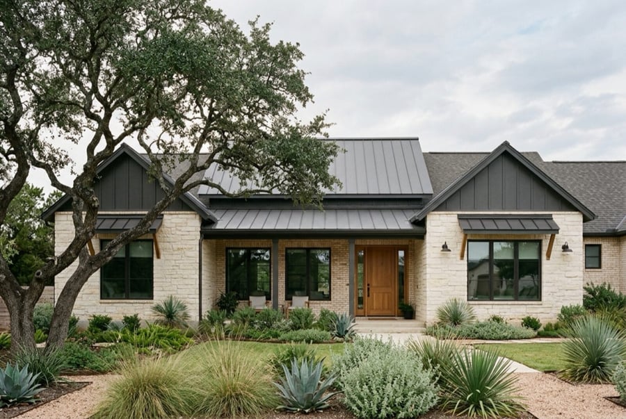 Suburban homes with front lawns and young trees in Cedar Park, Texas