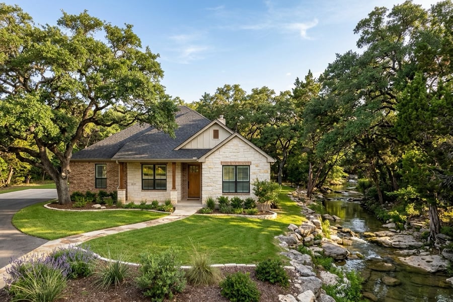 Two-story brick and stone homes on a quiet cul-de-sac street in Round Rock, Texas