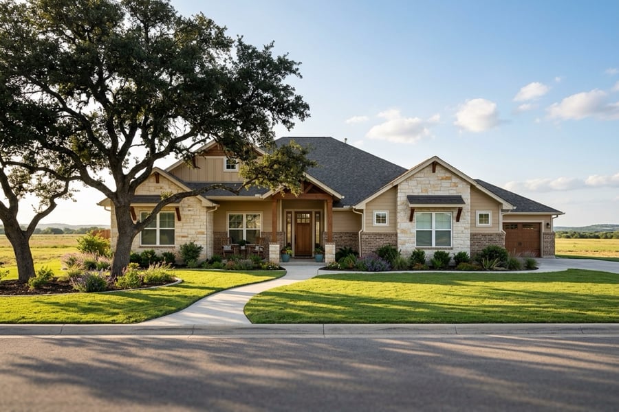 Single-story new construction homes with stone fronts in Hutto, Texas