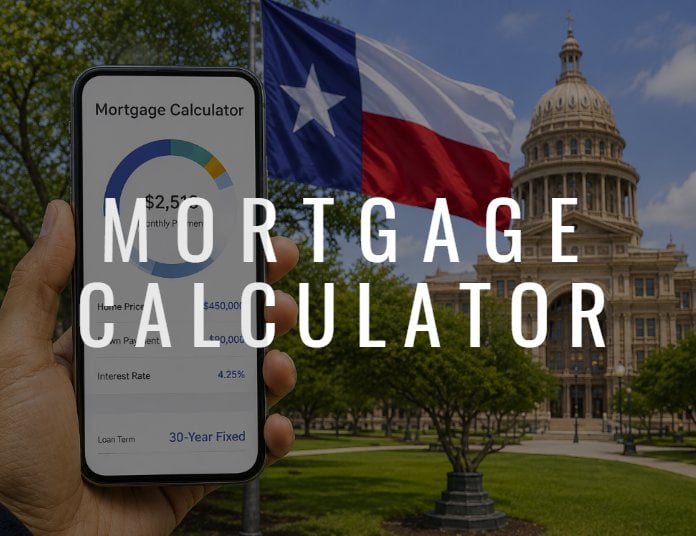 Mortgage calculator graphic with a phone, Texas flag, and State Capitol.