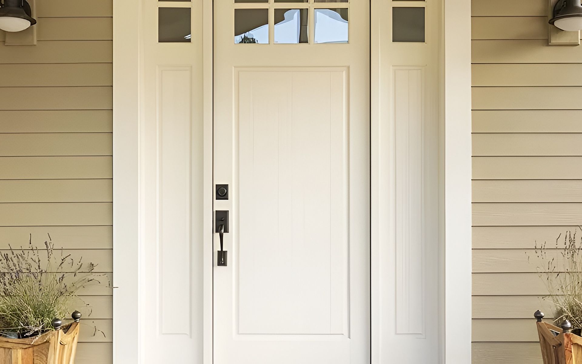 White paneled front door with divided glass panes and dark hardware in beige siding.