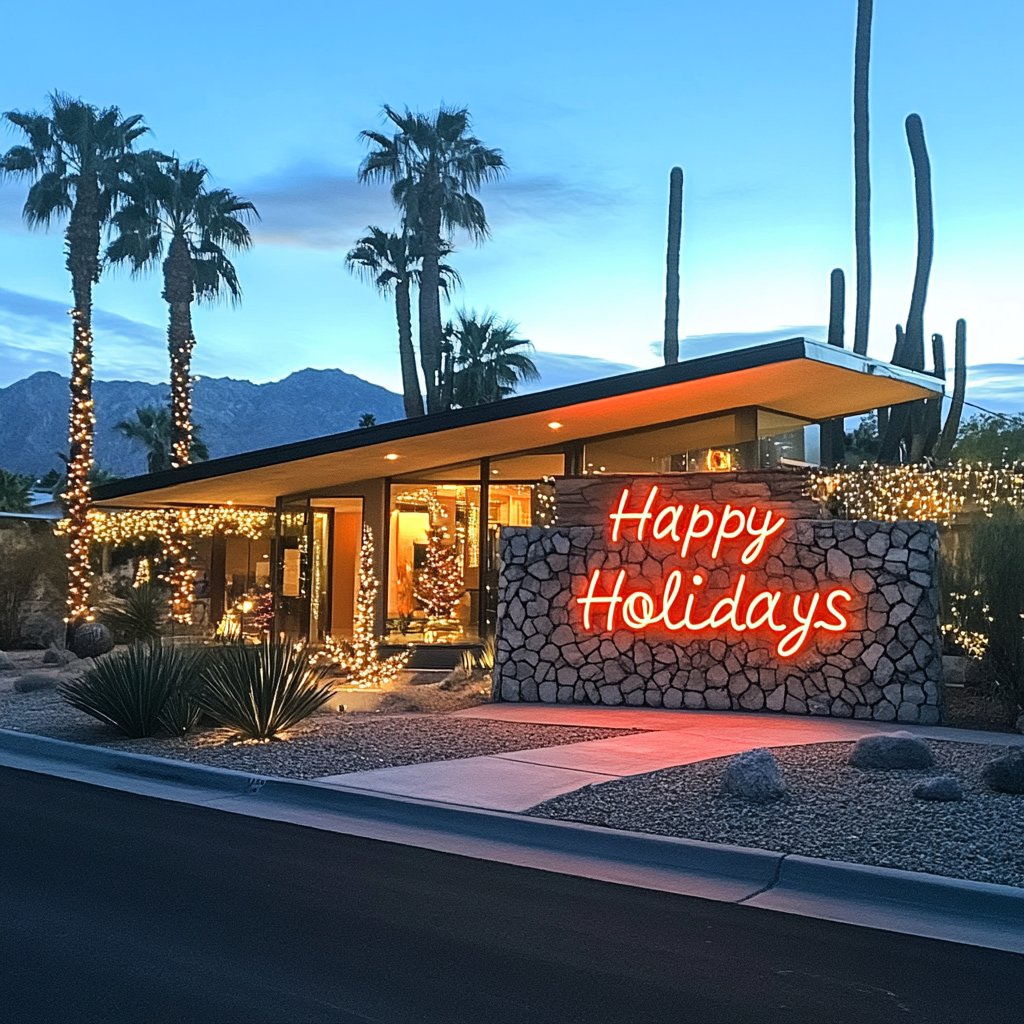 Modern desert home glowing with holiday lights and a “Happy Holidays” sign at dusk.