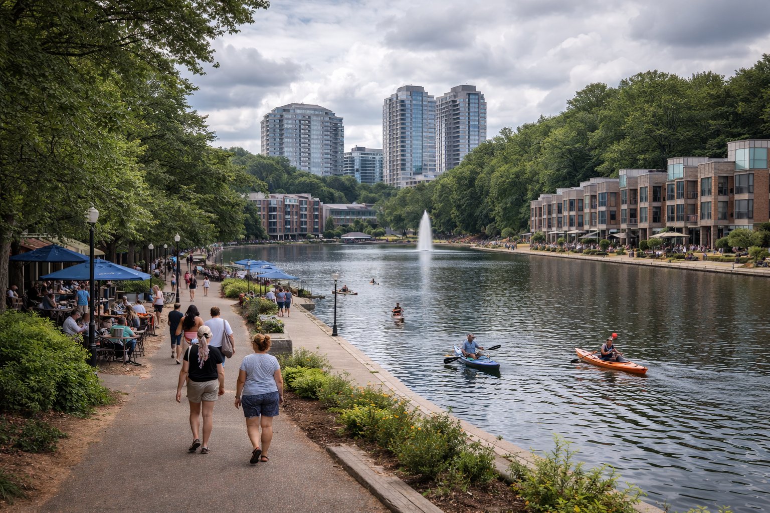 Reston, Virginia planned community with wooded trails, lakes, homes, and town center living